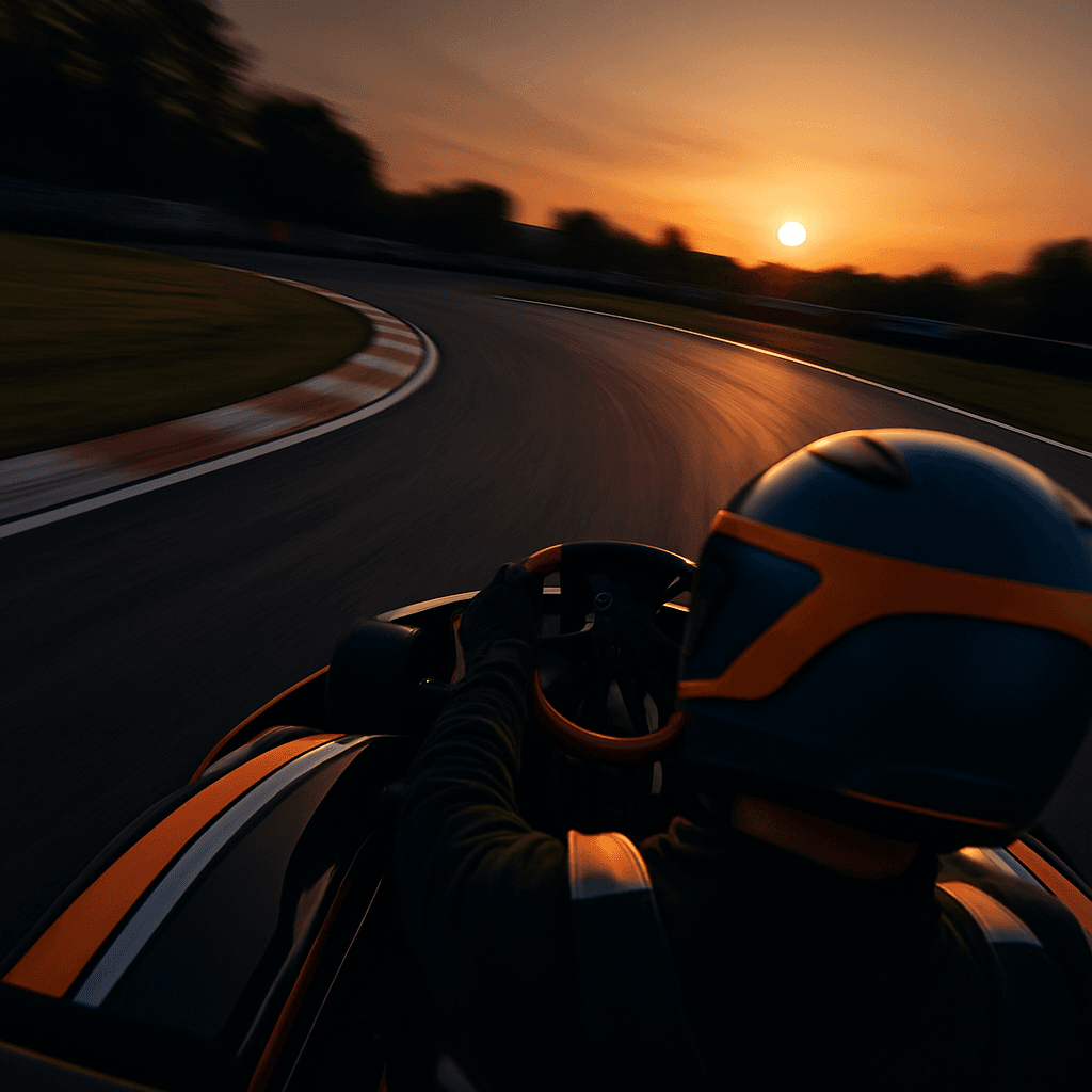 Onboard nézet, balos kanyar naplementében – gokart